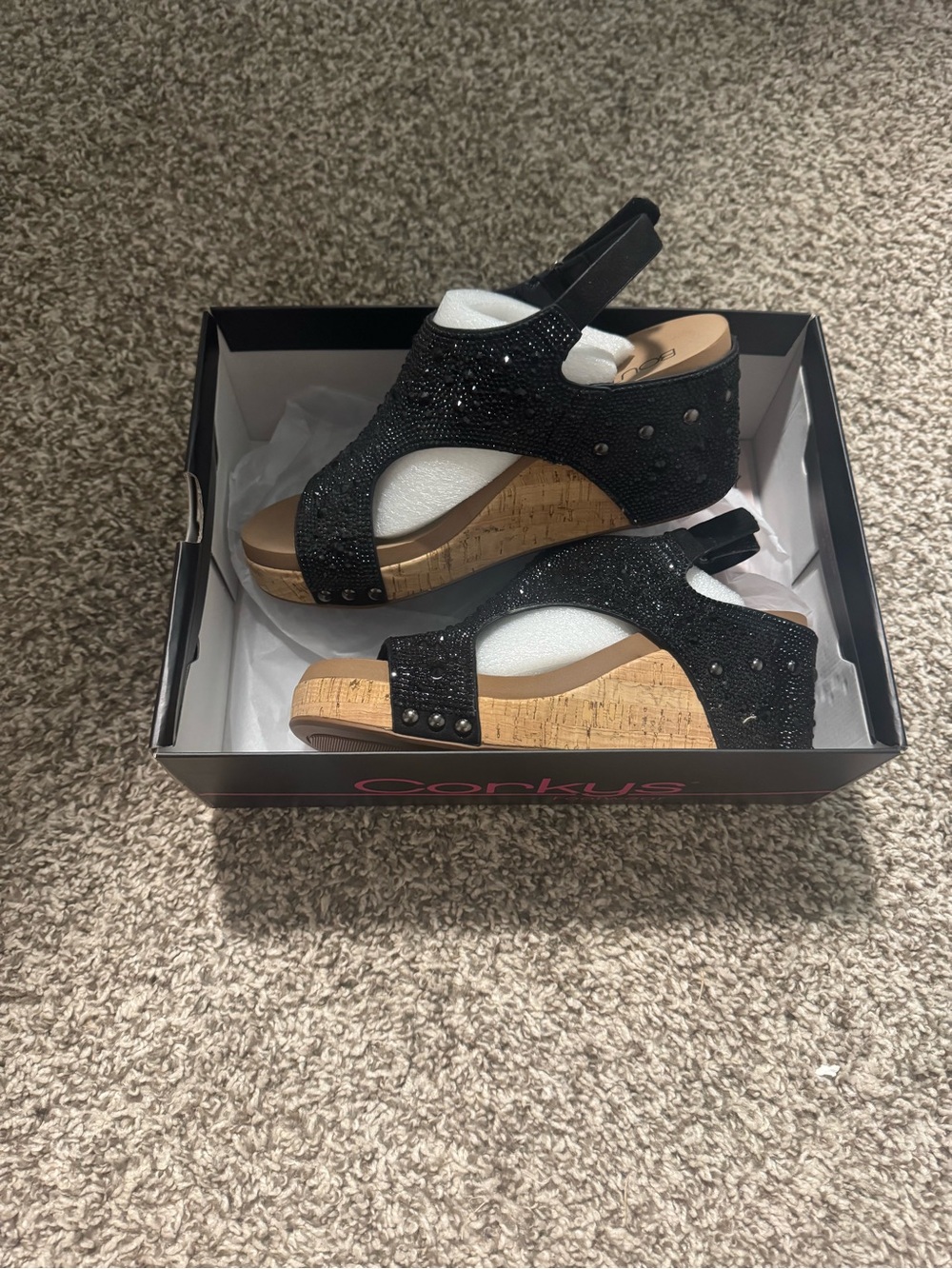 NWT Corkys Volta II Black Combo Rhinestone Cork Wedge Sandals Size 8